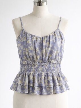 NWT Astr Smocked Peplum Cami CropTop Purple Mustard Floral Sheer Ruffle Hem Sz M